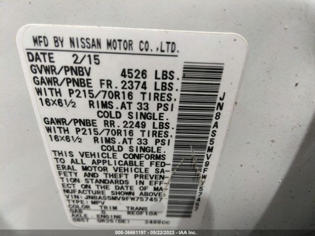 JN8AS5MV9FW757457 Nissan Rogue Select S