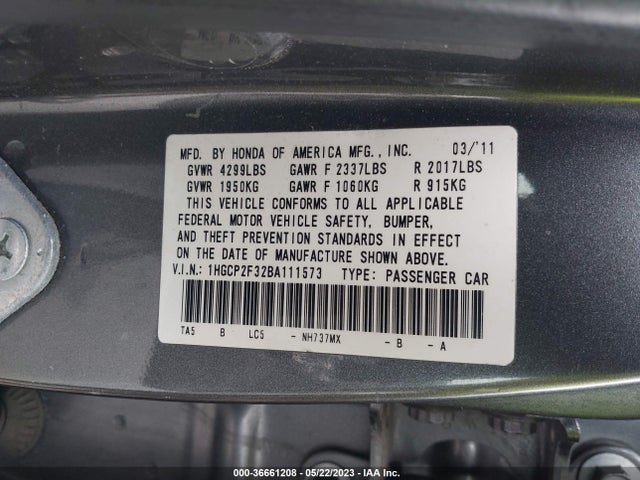 2011 HONDA ACCORD SDN LX VIN: 1HGCP2F32BA111573