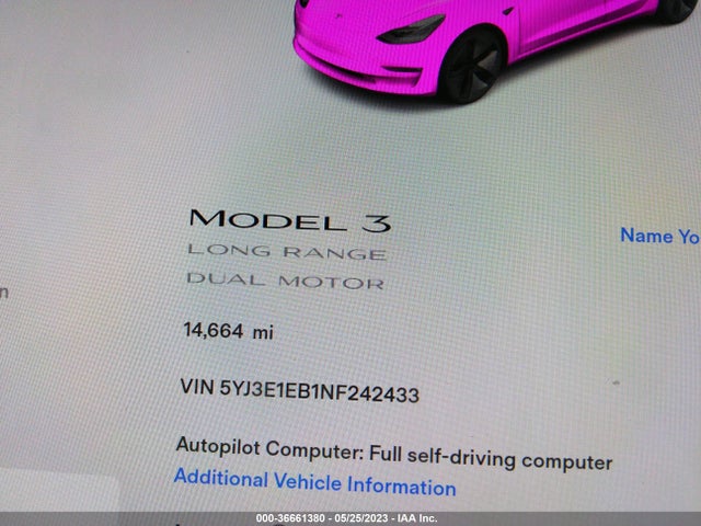 2022 TESLA MODEL 3 LONG RANGE VIN: 5YJ3E1EB1NF242433