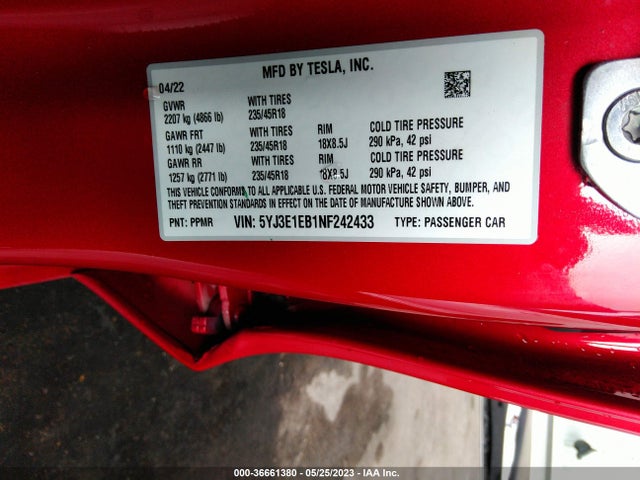 2022 TESLA MODEL 3 LONG RANGE VIN: 5YJ3E1EB1NF242433