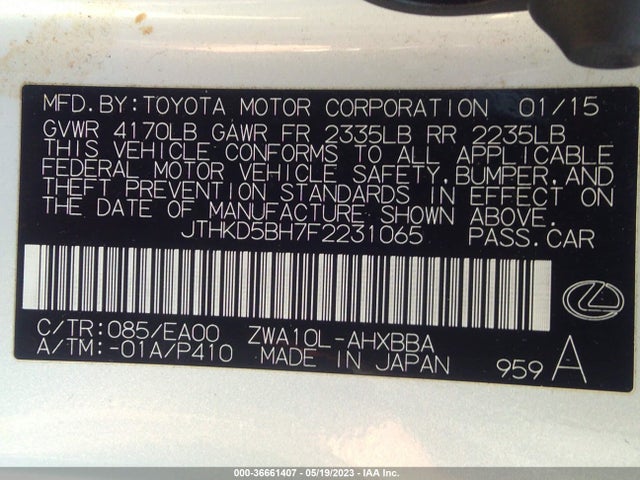 JTHKD5BH7F2231065 Lexus Ct 200h Hybrid