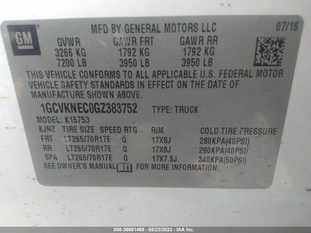 2016 CHEVROLET SILVERADO 1500 WORK TRUCK VIN: 1GCVKNEC0GZ383752