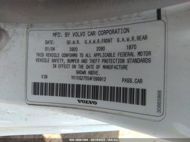 2004 VOLVO S40 VIN: YV1VS27554F099912