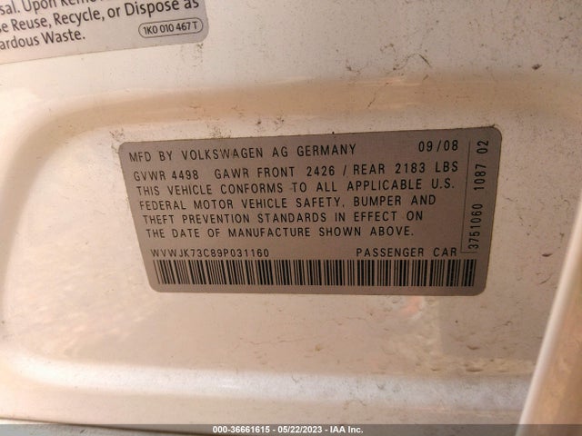 2009 VOLKSWAGEN PASSAT SEDAN KOMFORT VIN: WVWJK73C89P031160