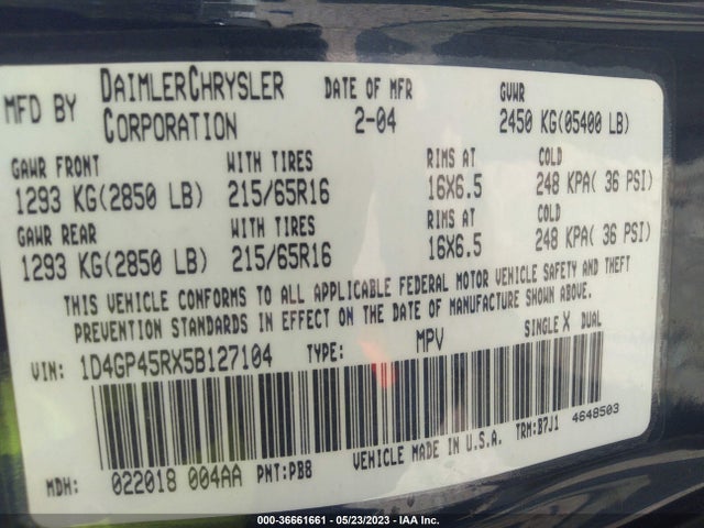 2005 DODGE CARAVAN SXT VIN: 1D4GP45RX5B127104