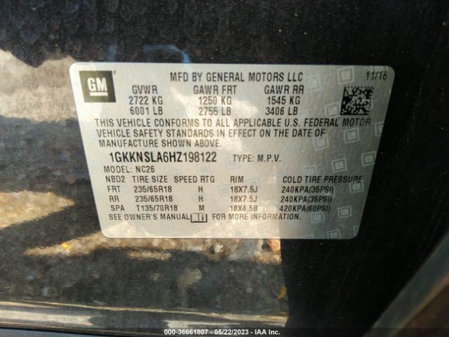1GKKNSLA6HZ198122 GMC ACADIA SLE