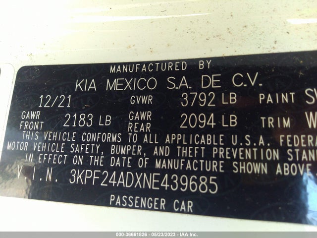 2022 KIA FORTE LXS VIN: 3KPF24ADXNE439685