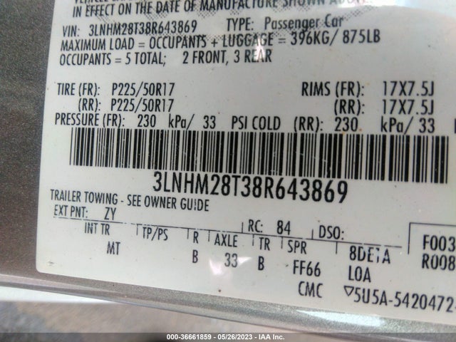 2008 LINCOLN MKZ VIN: 3LNHM28T38R643869