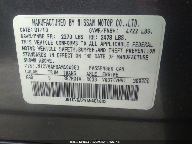 2010 INFINITI G37 SEDAN JOURNEY VIN: JN1CV6AP9AM404683
