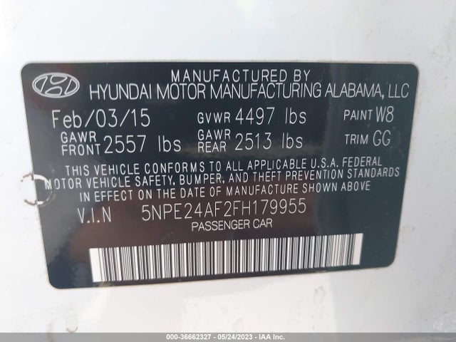 2015 HYUNDAI SONATA 2.4L SE VIN: 5NPE24AF2FH179955