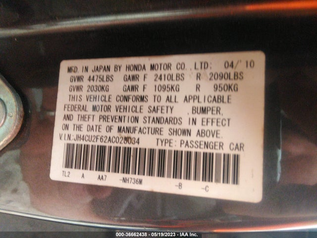 2010 ACURA TSX VIN: JH4CU2F62AC028034