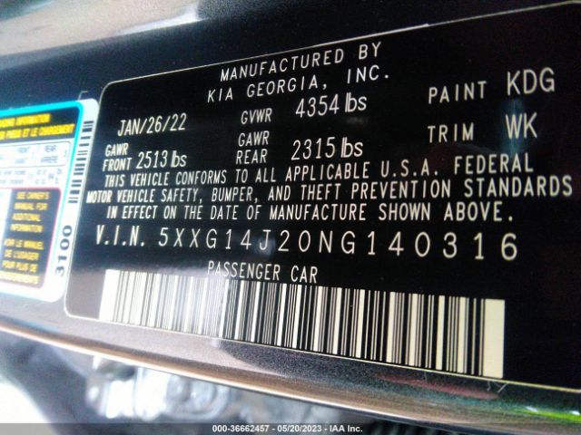 5XXG14J20NG140316 KIA K5 LXS