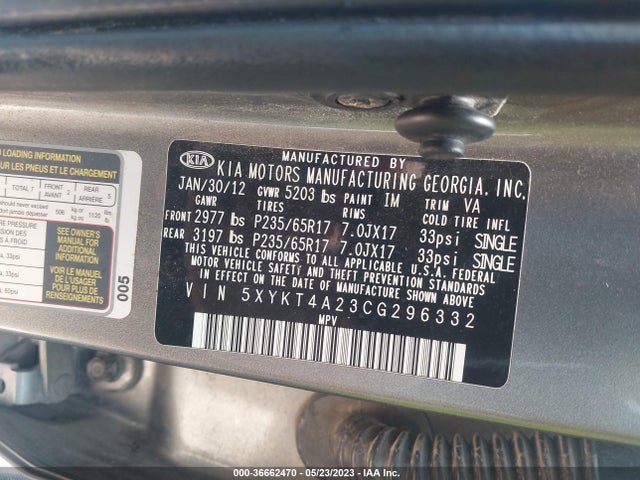 2012 KIA SORENTO LX VIN: 5XYKT4A23CG296332