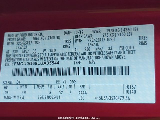 1FMCU0G69LUA35544 Ford ESCAPE SE