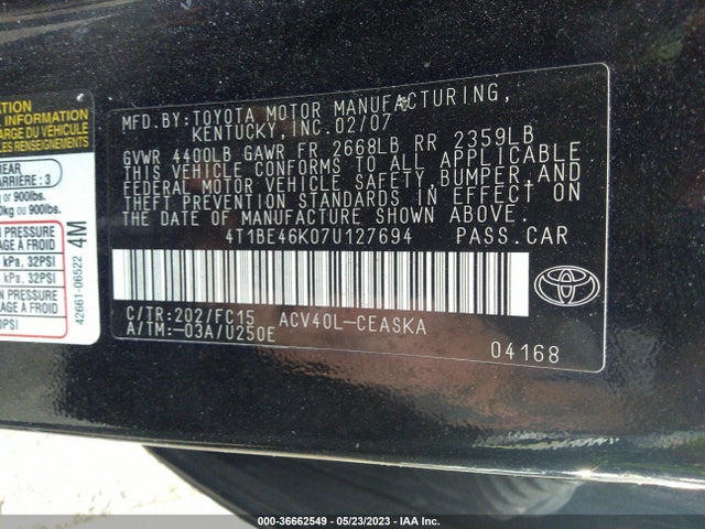 2007 TOYOTA CAMRY CE/LE/SE/XLE VIN: 4T1BE46K07U127694