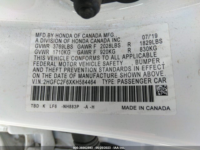 Honda Civic Sedan Lx 2019 2HGFC2F6XKH584464 Image 10