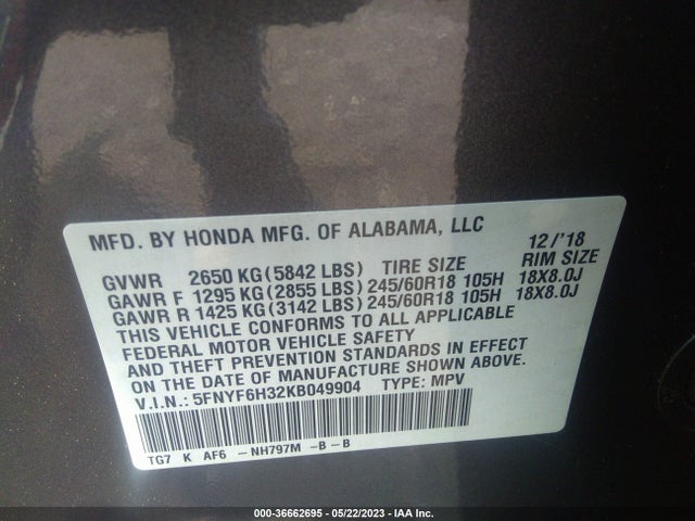 Honda Pilot Ex 2019 5FNYF6H32KB049904 Image 9