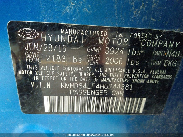 2017 HYUNDAI ELANTRA SE VIN: KMHD84LF4HU244381