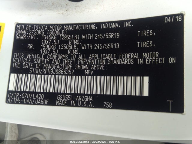 Toyota Highlander Limited 2018 5TDDZRFH9JS866352 Image 9