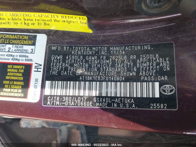 Toyota AVALON LIMITED 2015 4T1BK1EB3FU140804 Image 9