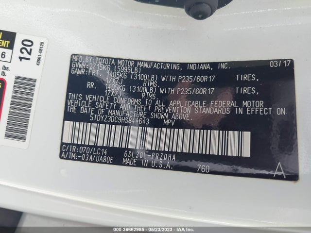 2017 TOYOTA SIENNA XLE AUTO ACCESS VIN: 5TDYZ3DC9HS844643