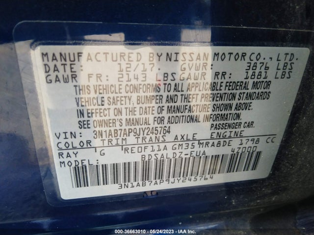 2018 NISSAN SENTRA SV VIN: 3N1AB7AP9JY245764