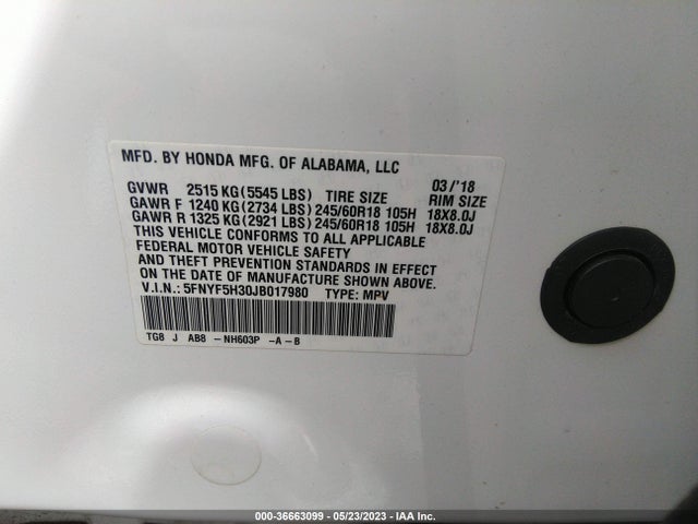 Honda Pilot Ex 2018 5FNYF5H30JB017980 Image 9