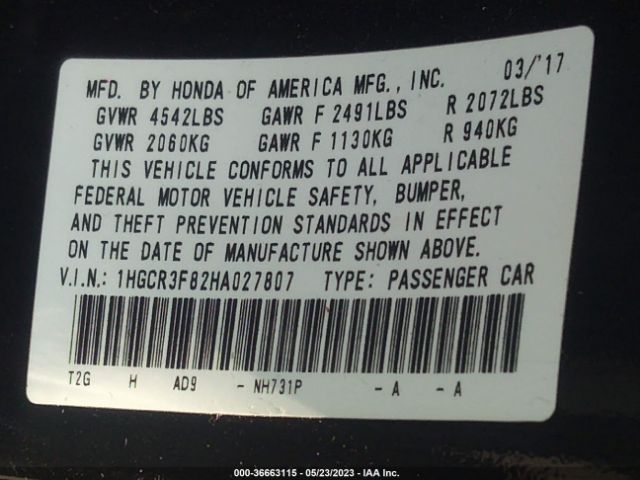 1HGCR3F82HA027807 Honda Accord Sedan Ex-l V6