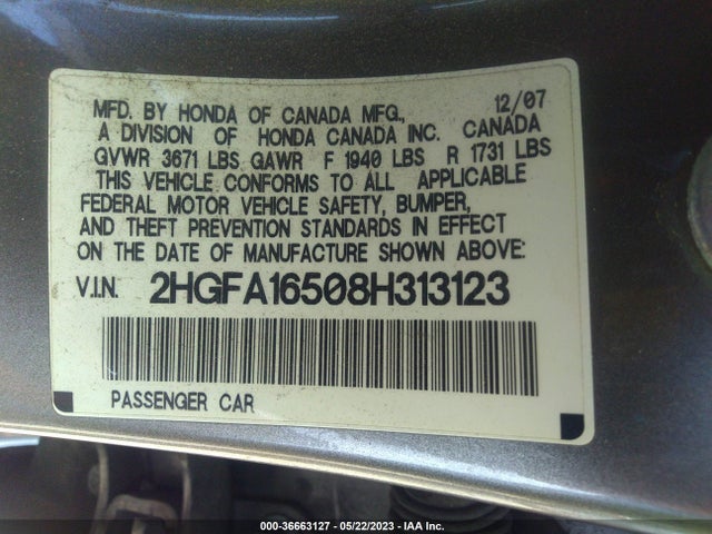 2008 HONDA CIVIC SDN LX VIN: 2HGFA16508H313123