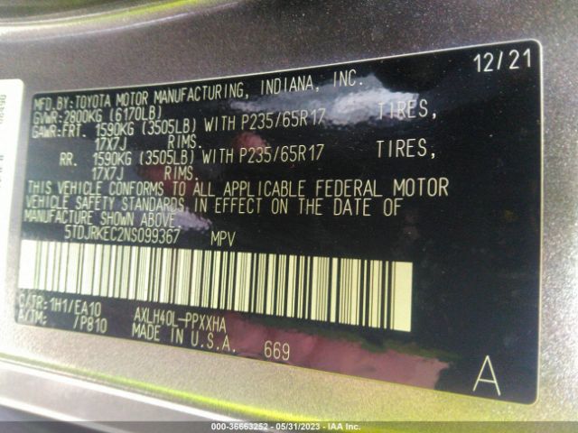 5TDJRKEC2NS099367 Toyota SIENNA XLE