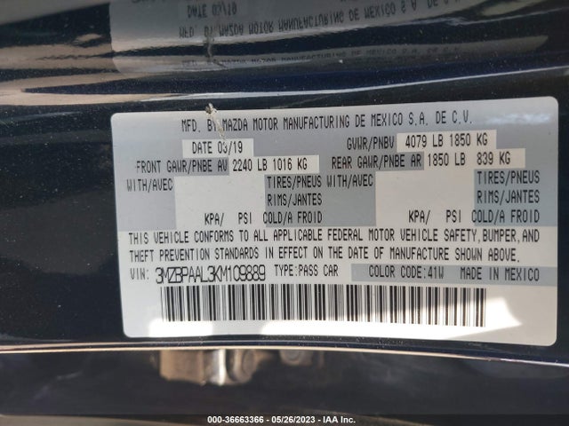 Aukcja sprzedaży 2019 Mazda Mazda3 Sedan W/select Pkg, vin: 3MZBPAAL3KM109889, numer aukcji: 36663366