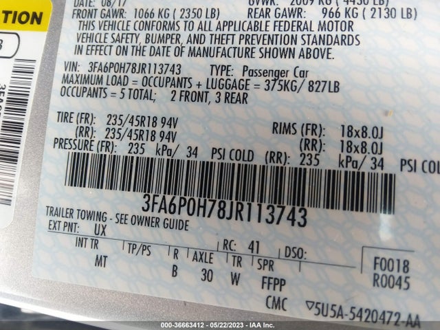 Ford FUSION SE 2018 3FA6P0H78JR113743 Image 10