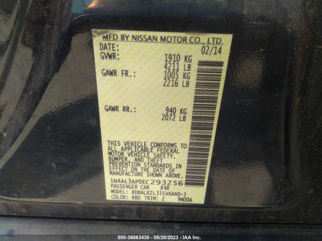 2014 NISSAN ALTIMA 2.5 SL VIN: 1N4AL3AP0EC293256