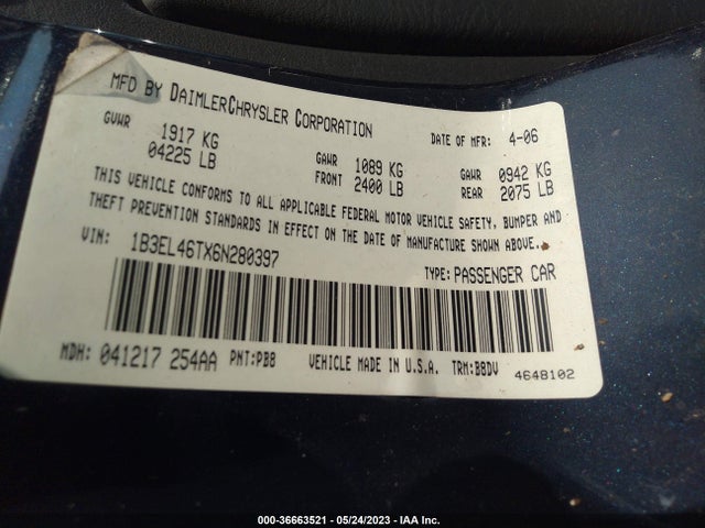 2006 DODGE STRATUS SDN SXT VIN: 1B3EL46TX6N280397