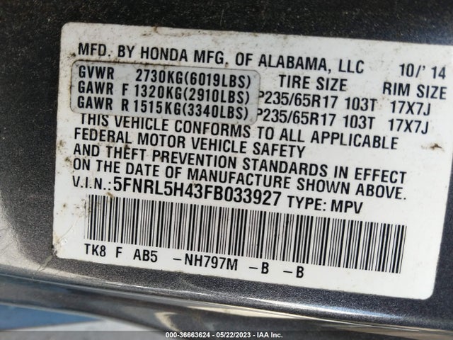 Honda ODYSSEY EX 2015 5FNRL5H43FB033927 Image 9