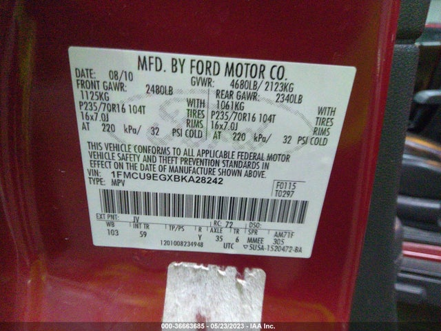 2011 FORD ESCAPE LIMITED VIN: 1FMCU9EGXBKA28242