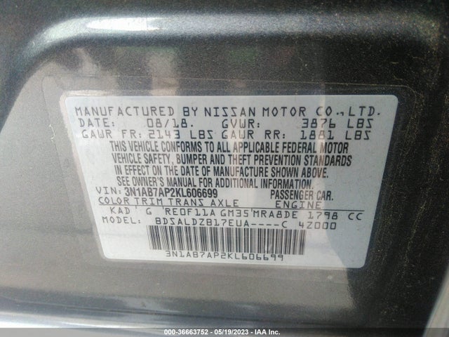 2019 NISSAN SENTRA SV VIN: 3N1AB7AP2KL606699