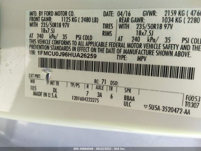 1FMCU0J96HUA26259 Ford Escape Titanium