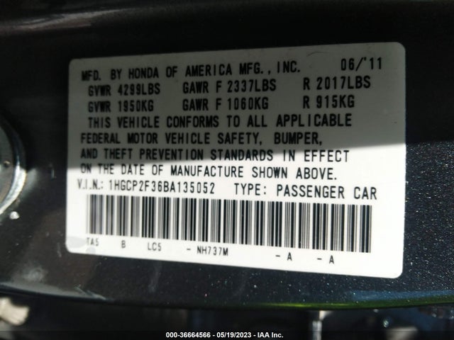 2011 HONDA ACCORD SDN LX VIN: 1HGCP2F36BA135052