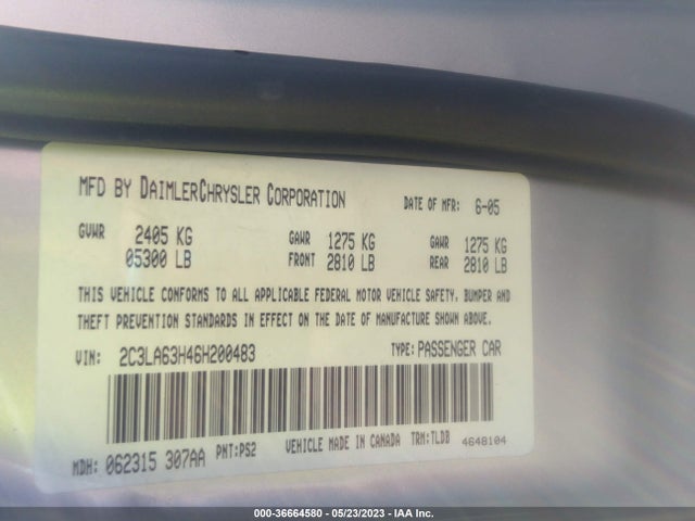 36664580 :رقم المزاد ، 2C3LA63H46H200483 vin ، 2006 Chrysler 300 C مزاد بيع