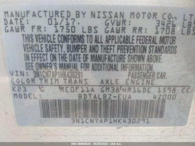 3N1CN7AP1HK430291 Nissan Versa Sedan Sv