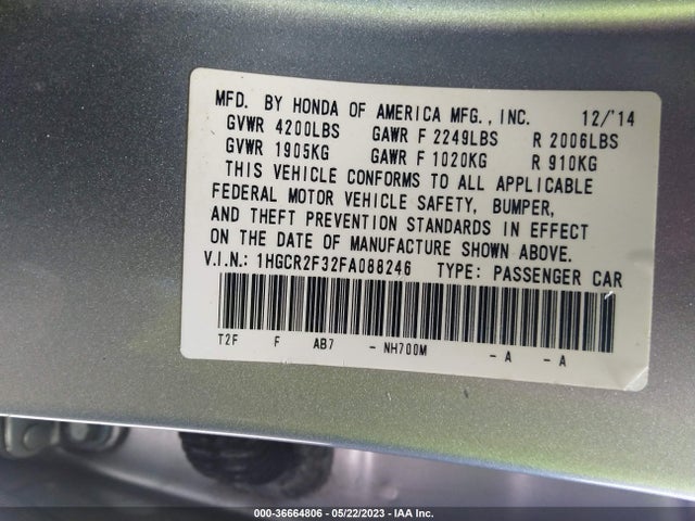 Honda Accord Sedan Lx 2015 1HGCR2F32FA088246 Image 9