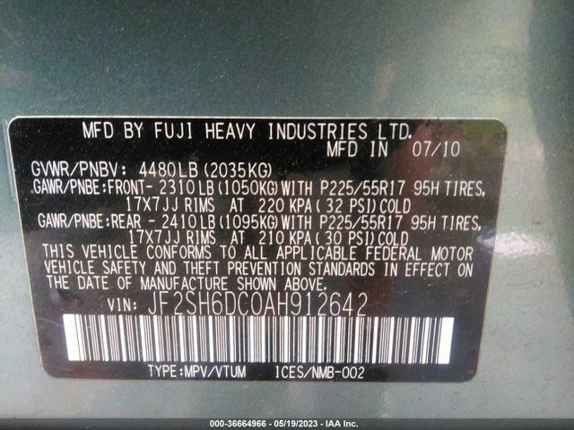 2010 SUBARU FORESTER 2.5X LIMITED VIN: JF2SH6DC0AH912642