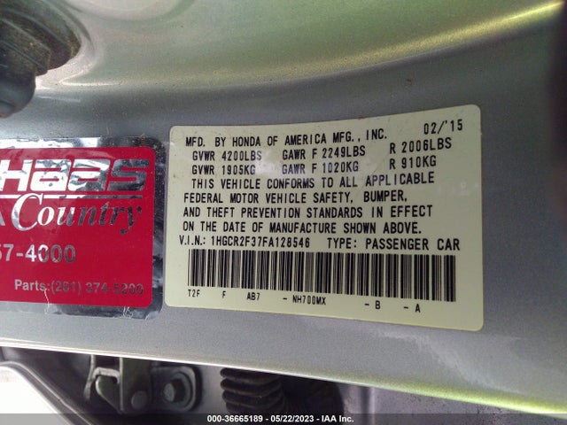 Honda Accord Sedan Lx 2015 1HGCR2F37FA128546 Image 9