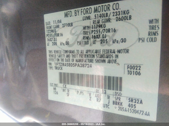 2005 FORD RANGER XLT/EDGE/FX4 OFF-RD VIN: 1FTZR45E05PA38724