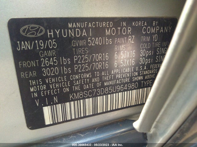 2005 HYUNDAI SANTA FE GLS VIN: KM8SC73D85U964980