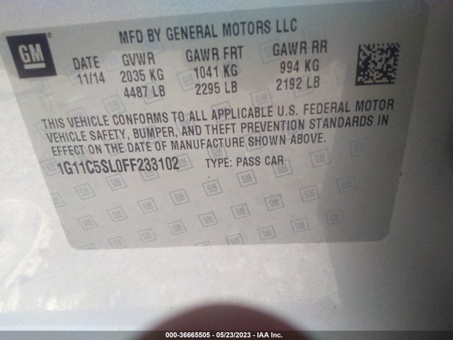 2015 CHEVROLET MALIBU LT VIN: 1G11C5SL0FF233102