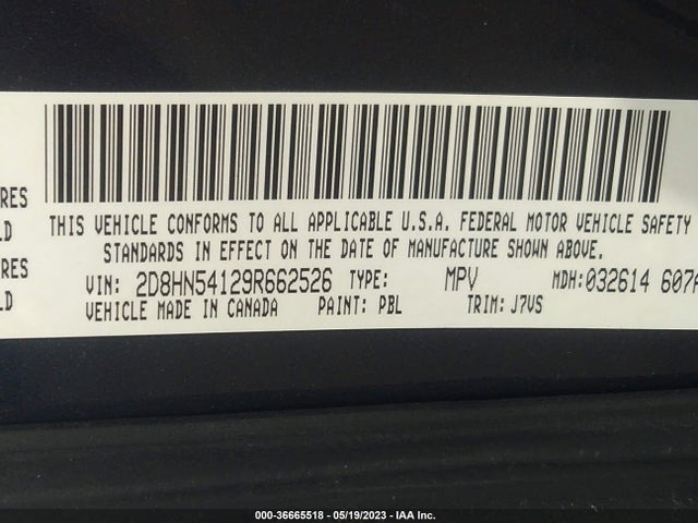 2009 DODGE GRAND CARAVAN SXT VIN: 2D8HN54129R662526