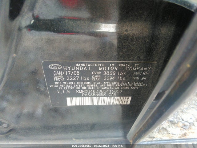 36665660 :رقم المزاد ، KMHDU46D38U415658 vin ، 2008 Hyundai Elantra Gls/se مزاد بيع