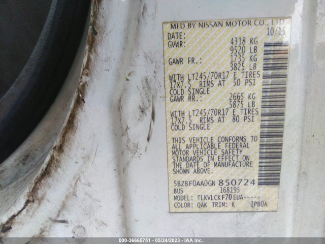 2016 Nissan NV, VIN: 5BZBF0AA0GN850724